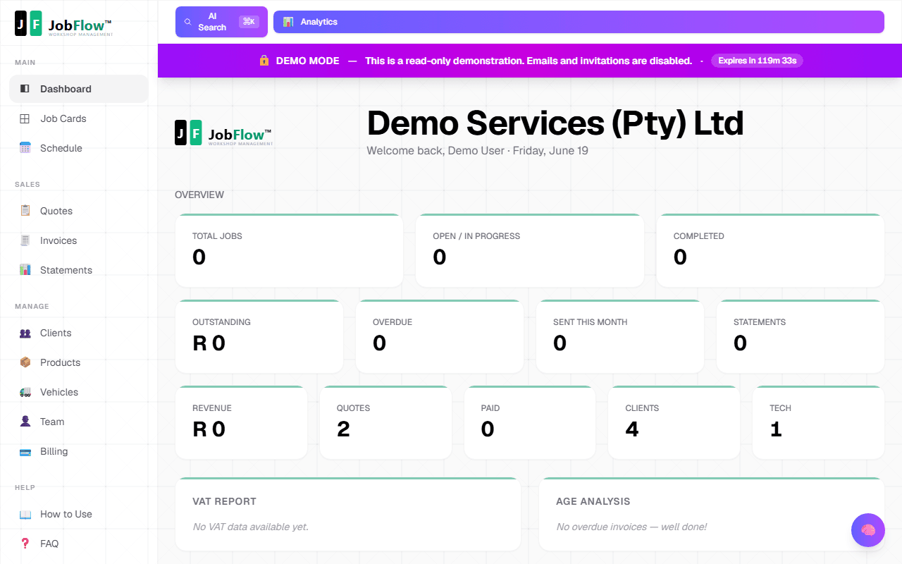 JobFlow dashboard — Demo Services metrics, job stats, and AI-powered overview