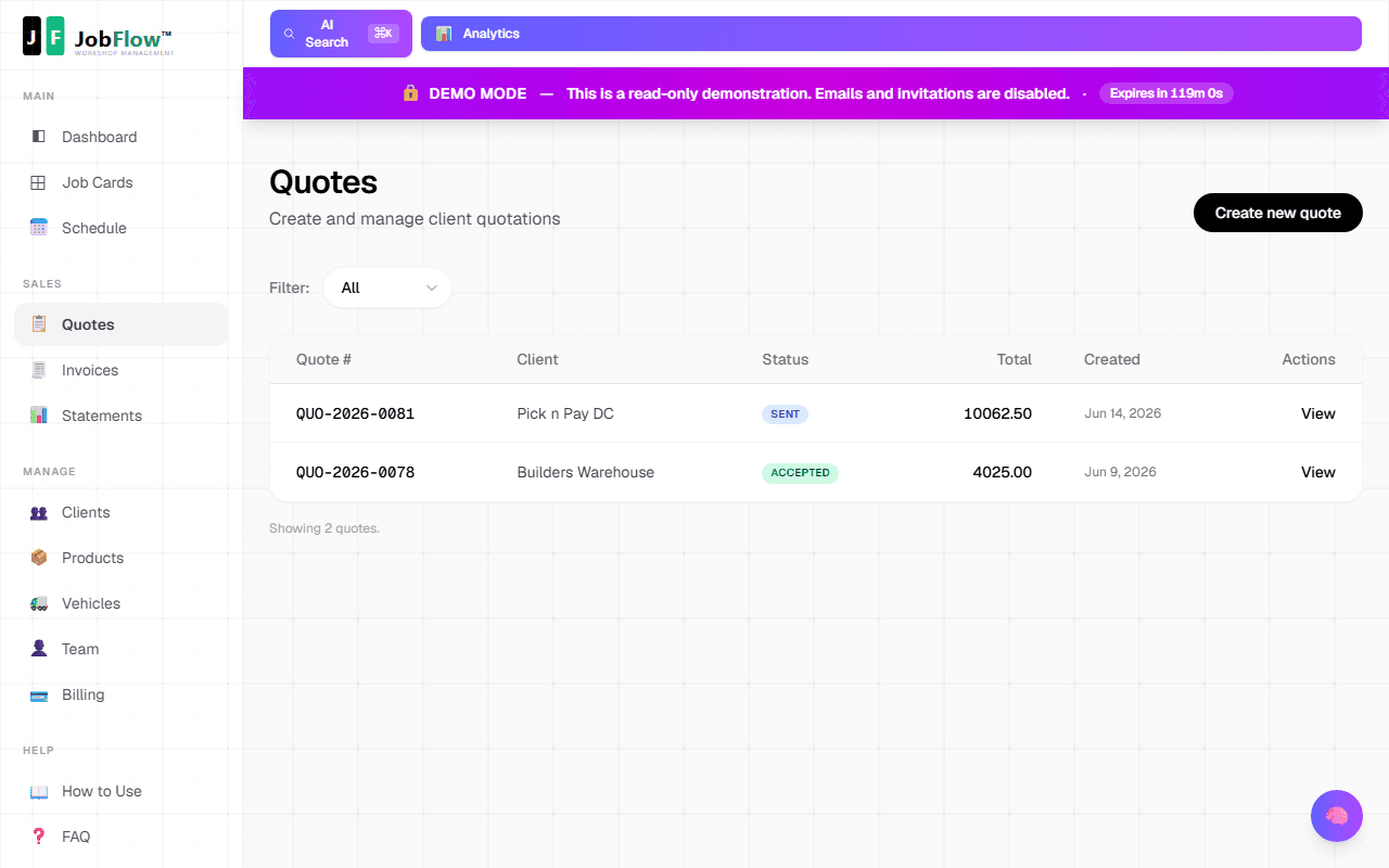 JobFlow quotes — create and manage client quotations with real-time status