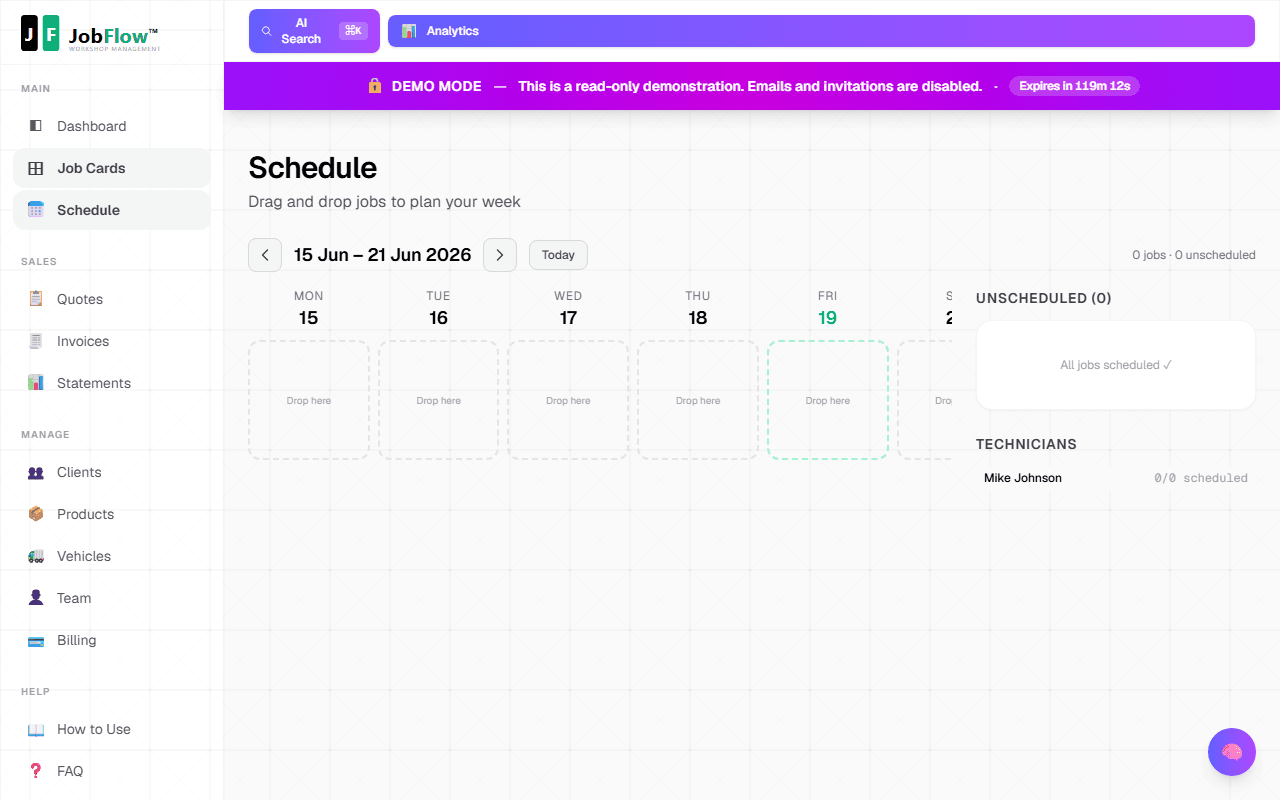 JobFlow schedule — weekly calendar with drag-and-drop job management