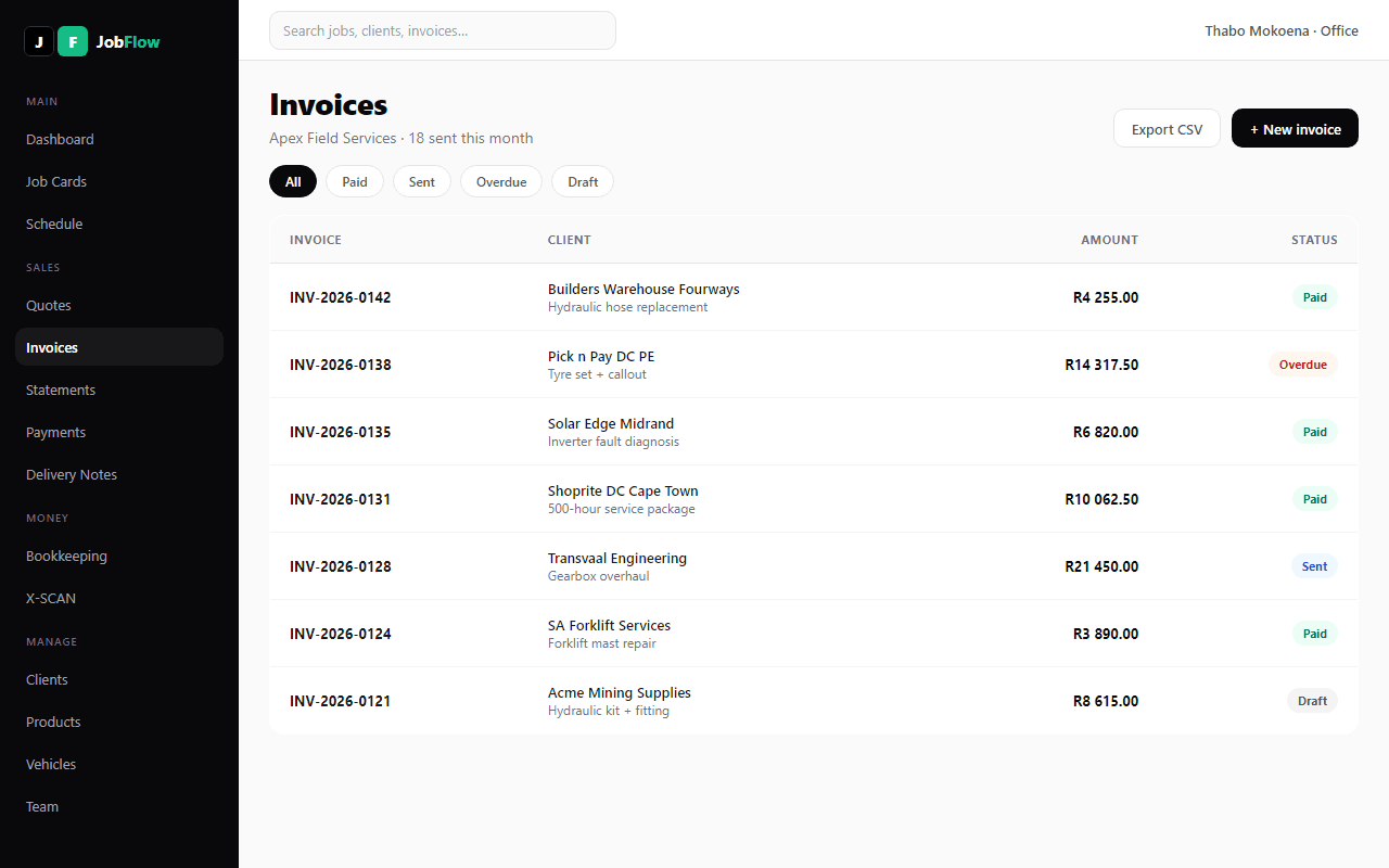 JobFlow invoices list — invoice number, client, amount and paid or overdue status