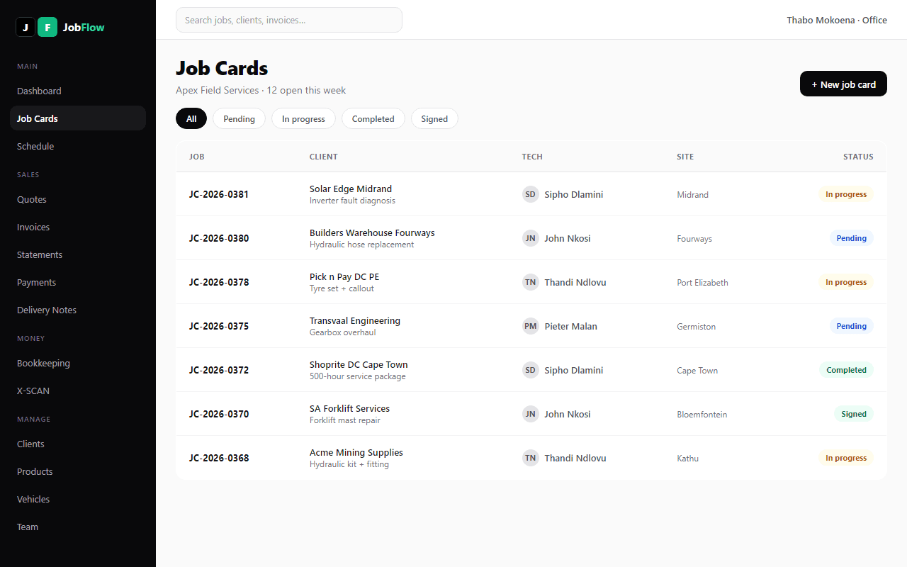 JobFlow job cards list — every job with its job number, client, technician, area and status